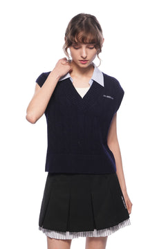Navy Blue Twisted Patchwork Collar Sleeveless Sweater - ANN ANDELMAN