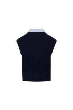 Navy Blue Twisted Patchwork Collar Sleeveless Sweater - ANN ANDELMAN