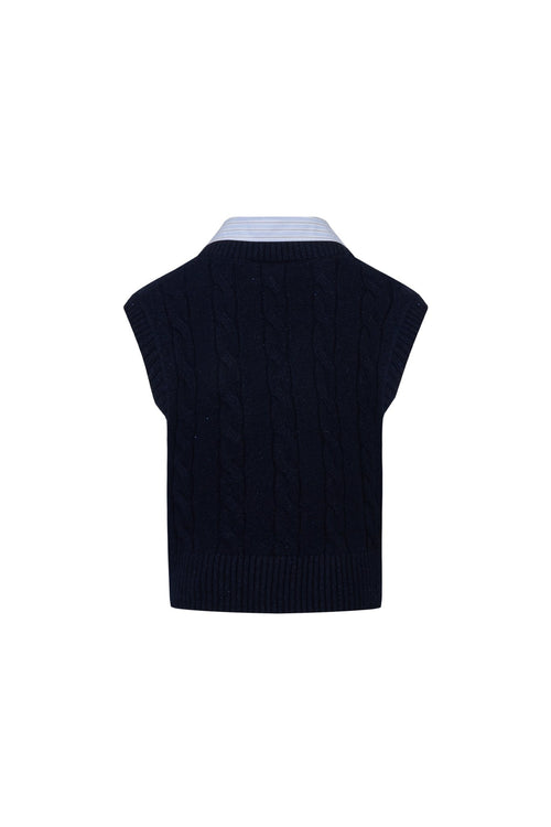 Navy Blue Twisted Patchwork Collar Sleeveless Sweater - ANN ANDELMAN