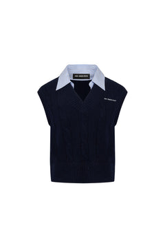 Navy Blue Twisted Patchwork Collar Sleeveless Sweater - ANN ANDELMAN