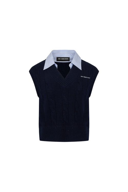 Navy Blue Twisted Patchwork Collar Sleeveless Sweater - ANN ANDELMAN