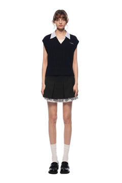 Navy Blue Twisted Patchwork Collar Sleeveless Sweater - ANN ANDELMAN