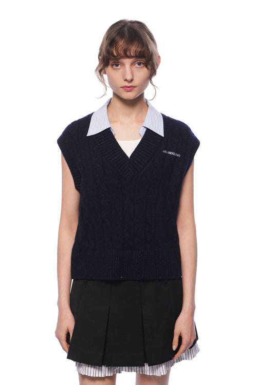 Navy Blue Twisted Patchwork Collar Sleeveless Sweater - ANN ANDELMAN