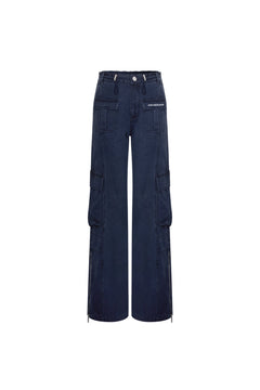 Navy Blue Washed Cotton Pants with A Slightly Low Waist - ANN ANDELMAN