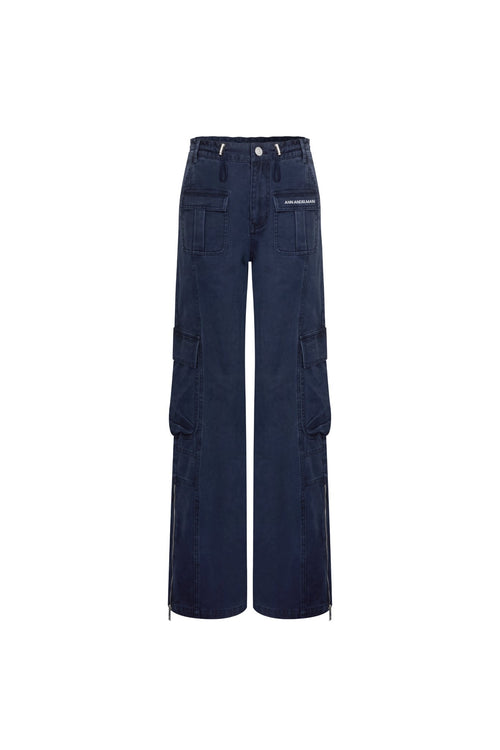 Navy Blue Washed Cotton Pants with A Slightly Low Waist - ANN ANDELMAN