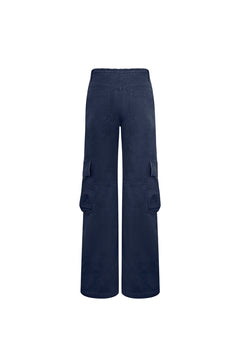 Navy Blue Washed Cotton Pants with A Slightly Low Waist - ANN ANDELMAN