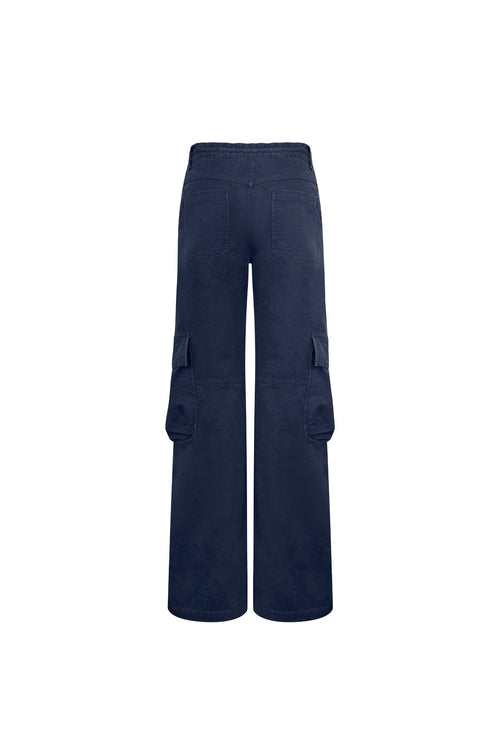 Navy Blue Washed Cotton Pants with A Slightly Low Waist - ANN ANDELMAN