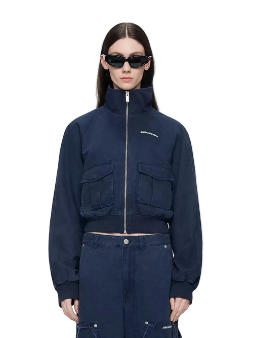 Navy Blue Washed Cotton Work Jacket - ANN ANDELMAN