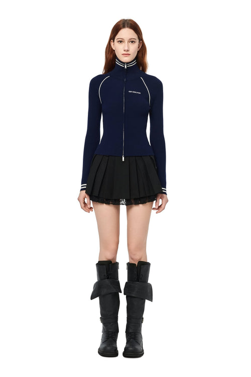 Navy Blue Zip - up Knitted Cardigan - ANN ANDELMAN