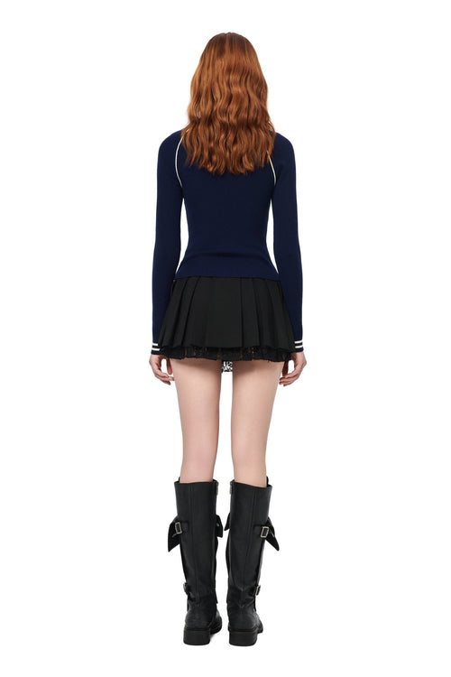 Navy Blue Zip - up Knitted Cardigan - ANN ANDELMAN