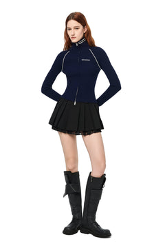 Navy Blue Zip - up Knitted Cardigan - ANN ANDELMAN