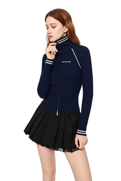 Navy Blue Zip - up Knitted Cardigan - ANN ANDELMAN