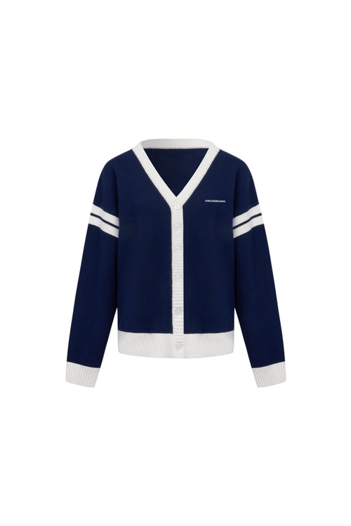 Navy Contrast Color V - neck Wool Cardigan - ANN ANDELMAN