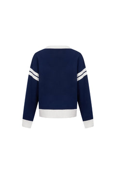 Navy Contrast Color V - neck Wool Cardigan - ANN ANDELMAN