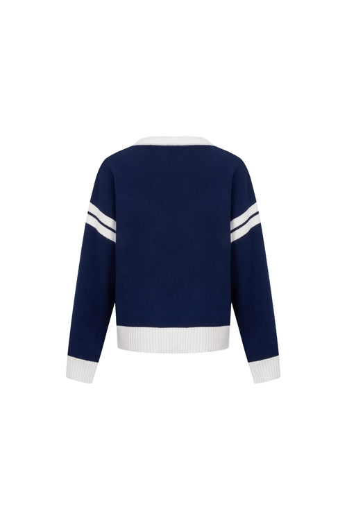 Navy Contrast Color V - neck Wool Cardigan - ANN ANDELMAN