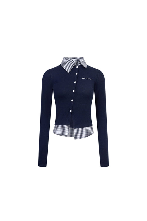 Navy Fake Two - piece Woolen Knit Shirt - ANN ANDELMAN