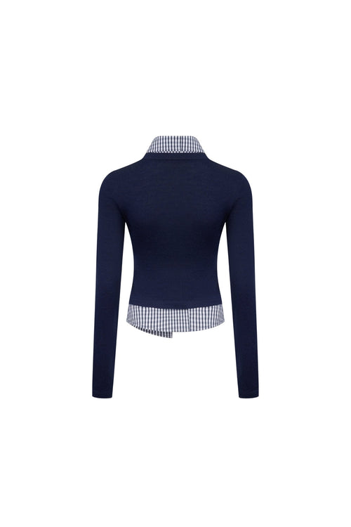 Navy Fake Two - piece Woolen Knit Shirt - ANN ANDELMAN