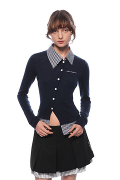 Navy Fake Two - piece Woolen Knit Shirt - ANN ANDELMAN