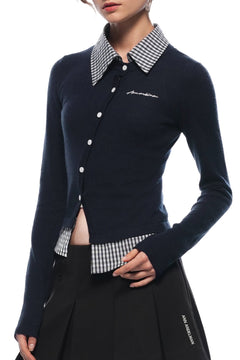 Navy Fake Two - piece Woolen Knit Shirt - ANN ANDELMAN