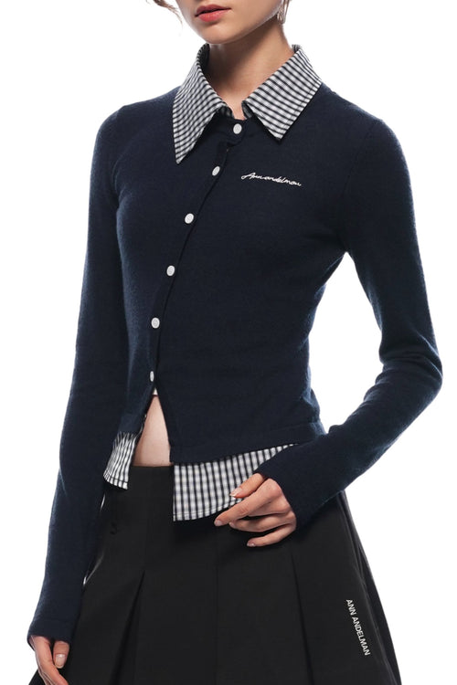Navy Fake Two - piece Woolen Knit Shirt - ANN ANDELMAN