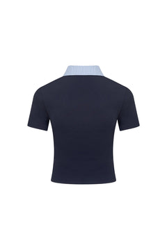 Navy Plaid Polo Collar T-shirt - ANN ANDELMAN