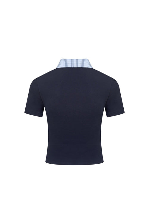 Navy Plaid Polo Collar T-shirt - ANN ANDELMAN