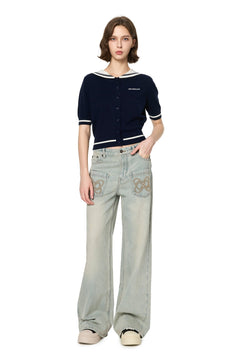 Navy Striped Wool Cardigan - ANN ANDELMAN