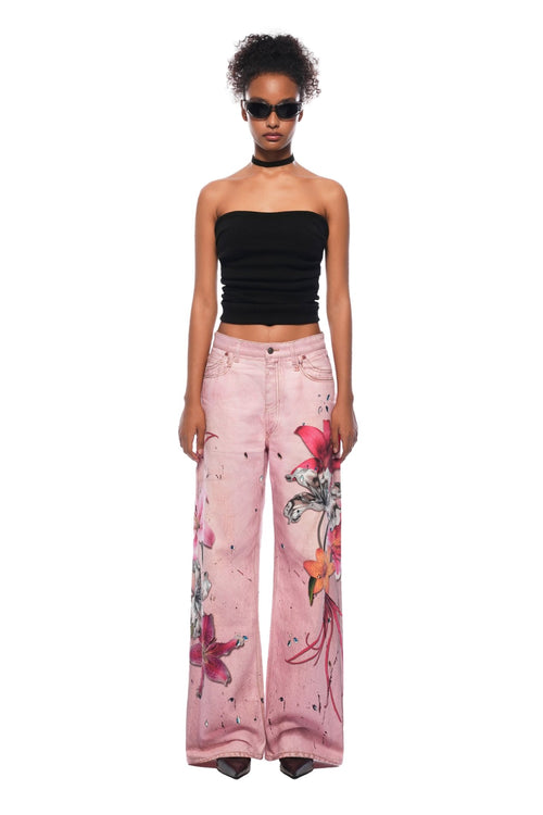 Pink Floral Wide - leg Jeans - ANN ANDELMAN