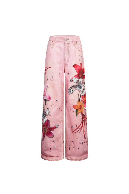 Pink Floral Wide - leg Jeans - ANN ANDELMAN