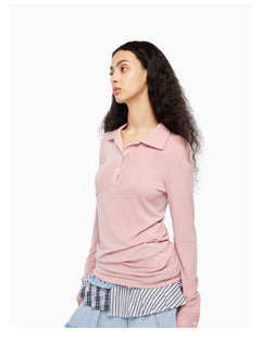 Pink Long - sleeve Polo - collar Top - ANN ANDELMAN