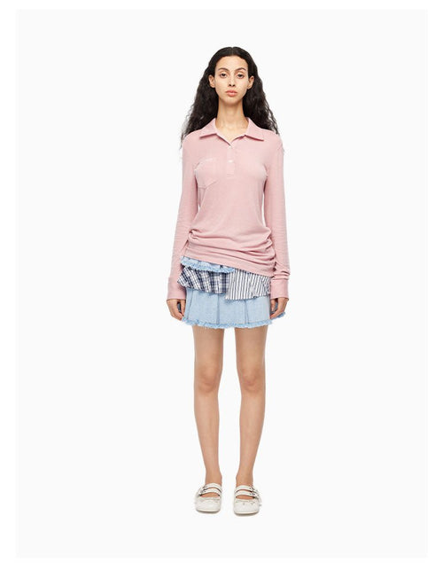 Pink Long - sleeve Polo - collar Top - ANN ANDELMAN