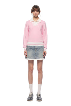 Pink POLO Collar Faux Two - piece Knit Sweater - ANN ANDELMAN