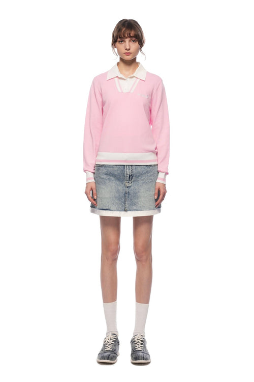 Pink POLO Collar Faux Two - piece Knit Sweater - ANN ANDELMAN