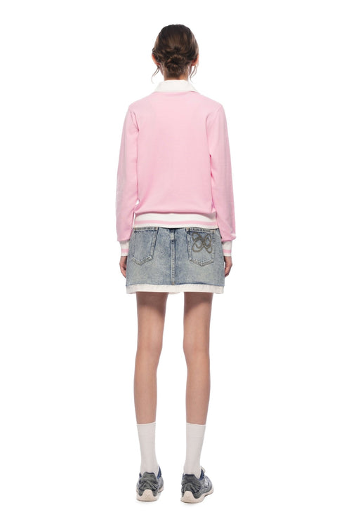 Pink POLO Collar Faux Two - piece Knit Sweater - ANN ANDELMAN