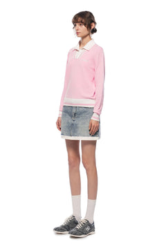 Pink POLO Collar Faux Two - piece Knit Sweater - ANN ANDELMAN