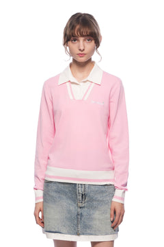 Pink POLO Collar Faux Two - piece Knit Sweater - ANN ANDELMAN