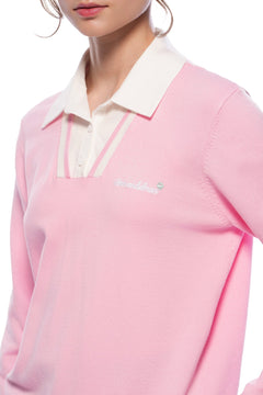 Pink POLO Collar Faux Two - piece Knit Sweater - ANN ANDELMAN