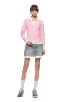 Pink POLO Collar Faux Two - piece Knit Sweater - ANN ANDELMAN