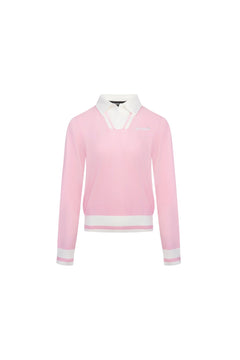 Pink POLO Collar Faux Two - piece Knit Sweater - ANN ANDELMAN