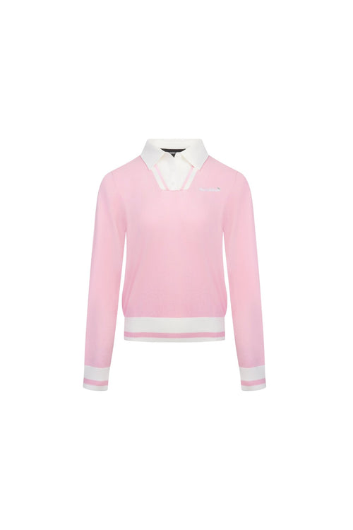 Pink POLO Collar Faux Two - piece Knit Sweater - ANN ANDELMAN