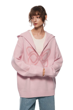 Pink Printed Hooded V - neck Sweater - ANN ANDELMAN