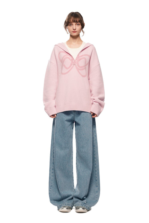 Pink Printed Hooded V - neck Sweater - ANN ANDELMAN