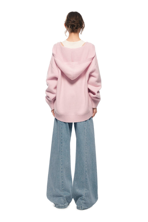 Pink Printed Hooded V - neck Sweater - ANN ANDELMAN