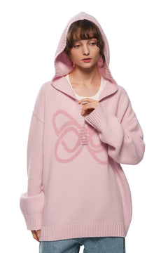 Pink Printed Hooded V - neck Sweater - ANN ANDELMAN