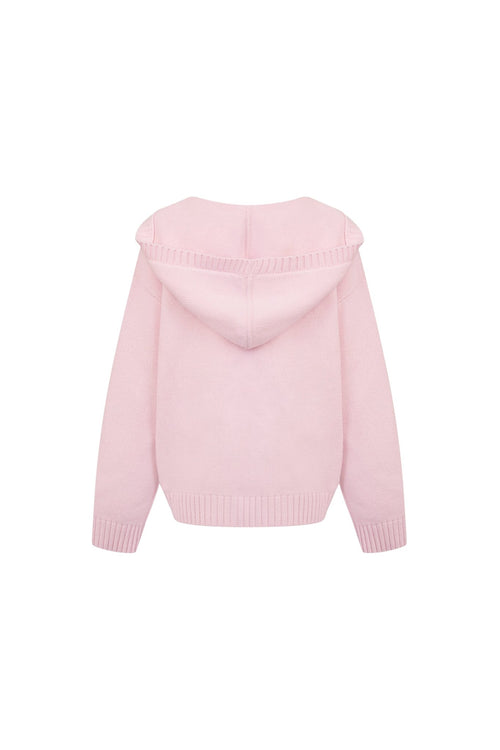 Pink Printed Hooded V - neck Sweater - ANN ANDELMAN