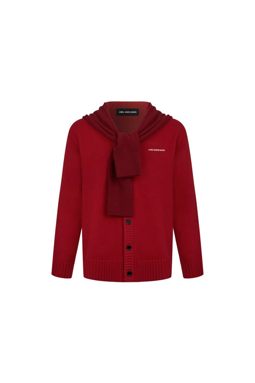 Red Faux Two - piece Shawl Hooded Cardigan - ANN ANDELMAN