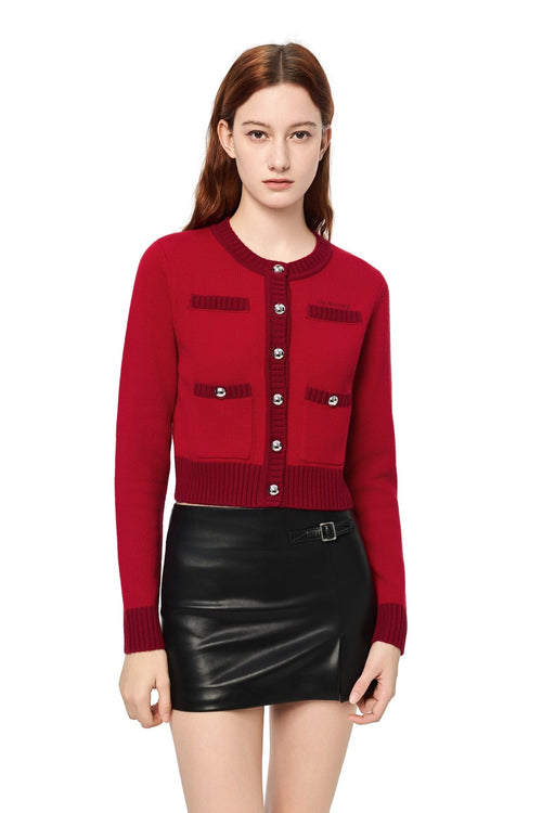 Red Metal Button Multi - pocket Knit Cardigan - ANN ANDELMAN
