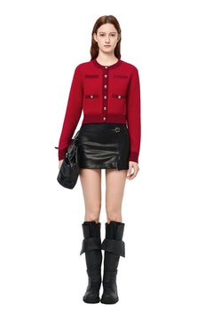 Red Metal Button Multi - pocket Knit Cardigan - ANN ANDELMAN