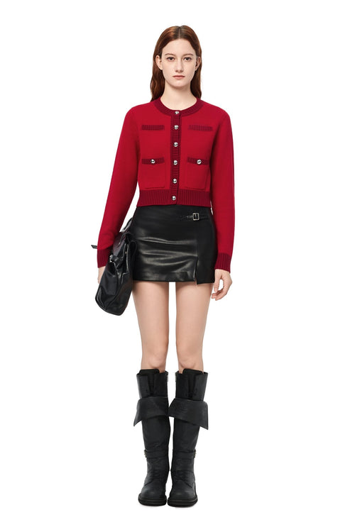 Red Metal Button Multi - pocket Knit Cardigan - ANN ANDELMAN