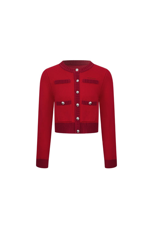 Red Metal Button Multi - pocket Knit Cardigan - ANN ANDELMAN